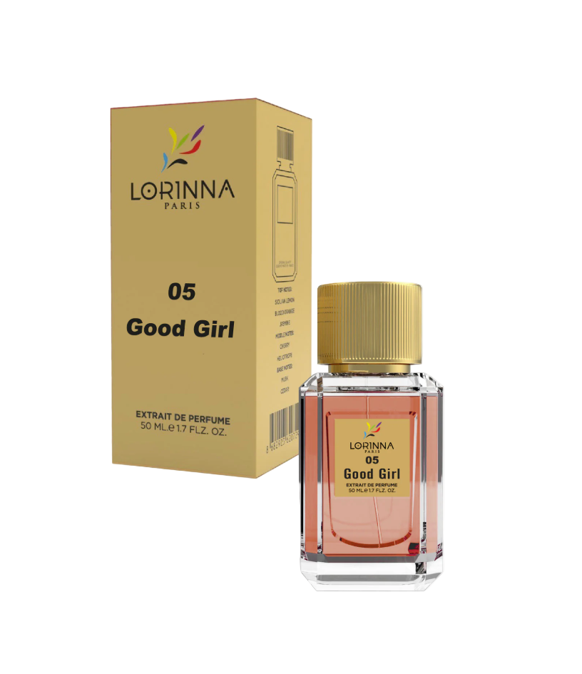 Lorinna Paris No.005 Good Girl Eau de Parfum for Women 50ml bottle with gold cap displayed next to its elegant gold packaging box.