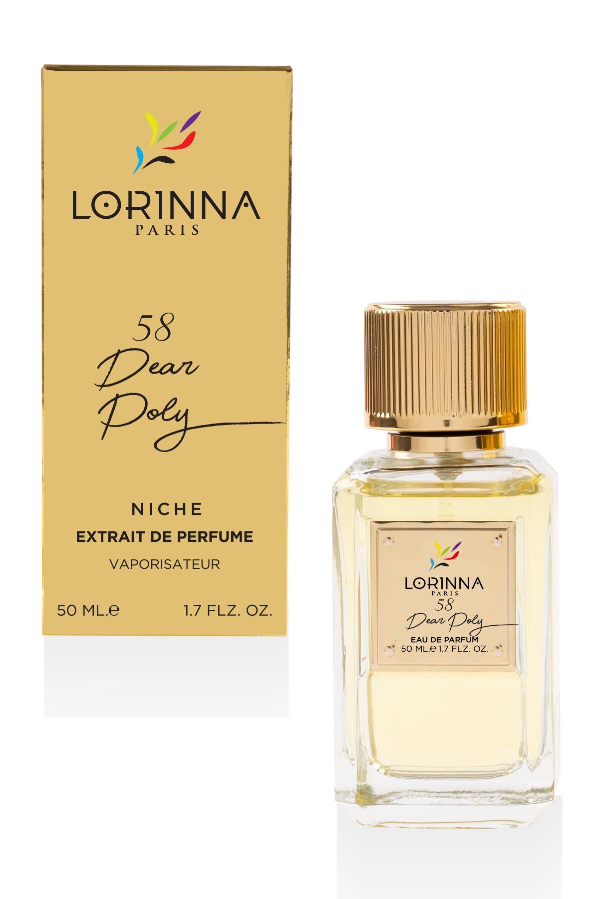 Lorinna 58 Dear Poly Extrait de Parfum 50ml bottle and packaging featuring a sophisticated unisex fragrance with black tea, apple and amber notes.