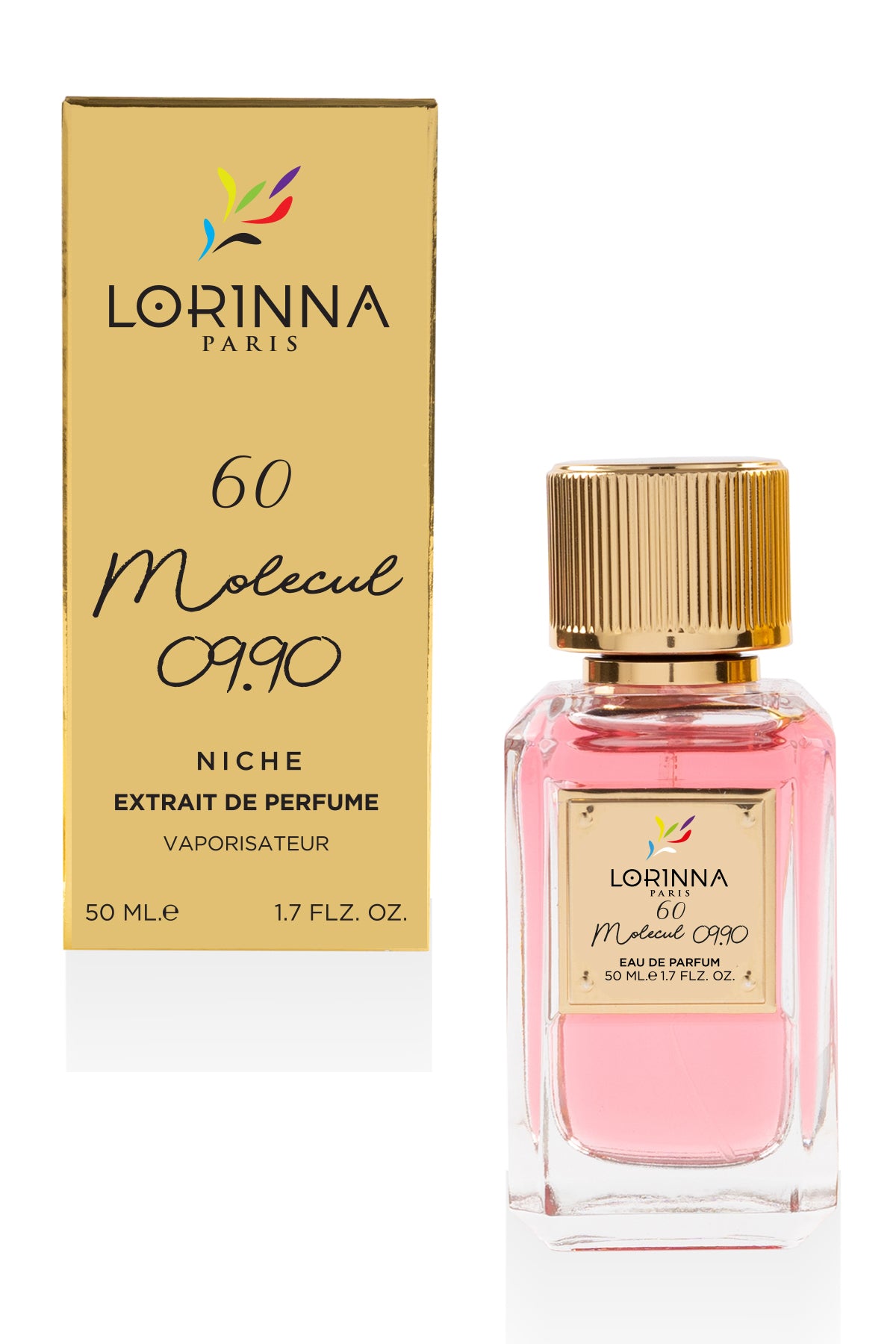 Lorinna 60 Molecul 09.90 Extrait de Parfum 50ml bottle and packaging featuring a modern unisex fragrance with floral, fruity and creamy woody accords.