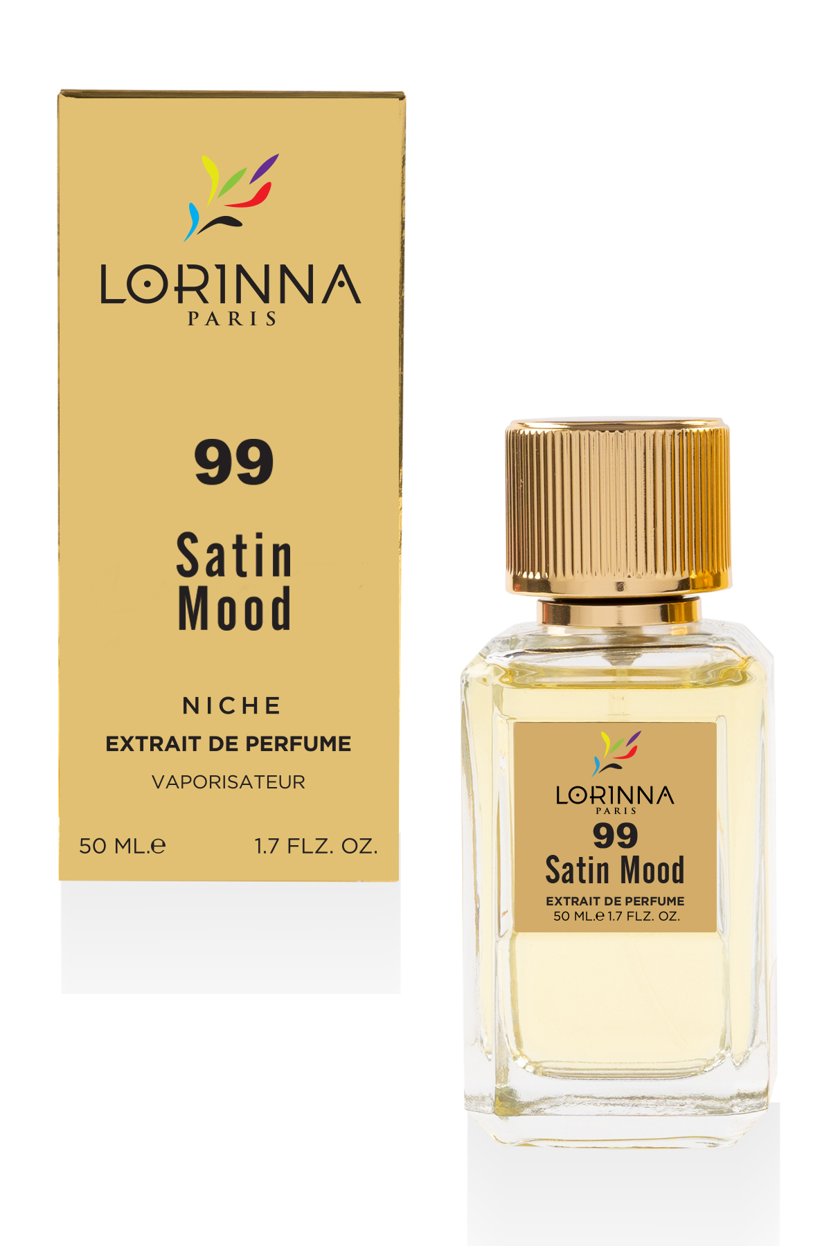 Lorinna 99 Satin Mood Extrait de Parfum 50ml bottle and packaging featuring a luxurious fragrance with rose, amber, oud and vanilla accords.