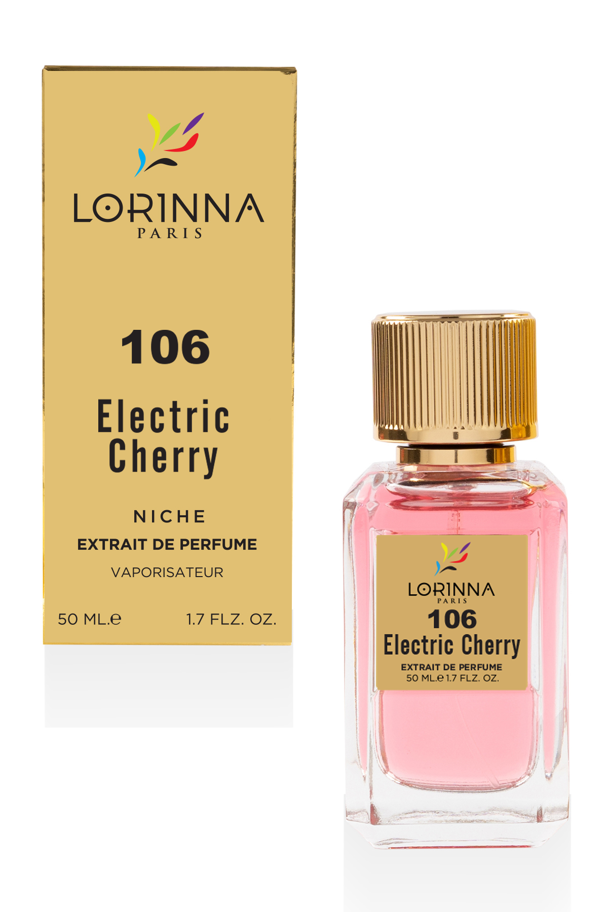 Lorinna 106 Electric Cherry Extrait de Parfum 50ml bottle and packaging featuring a luxurious fragrance with cherry, vanilla and floral accords.