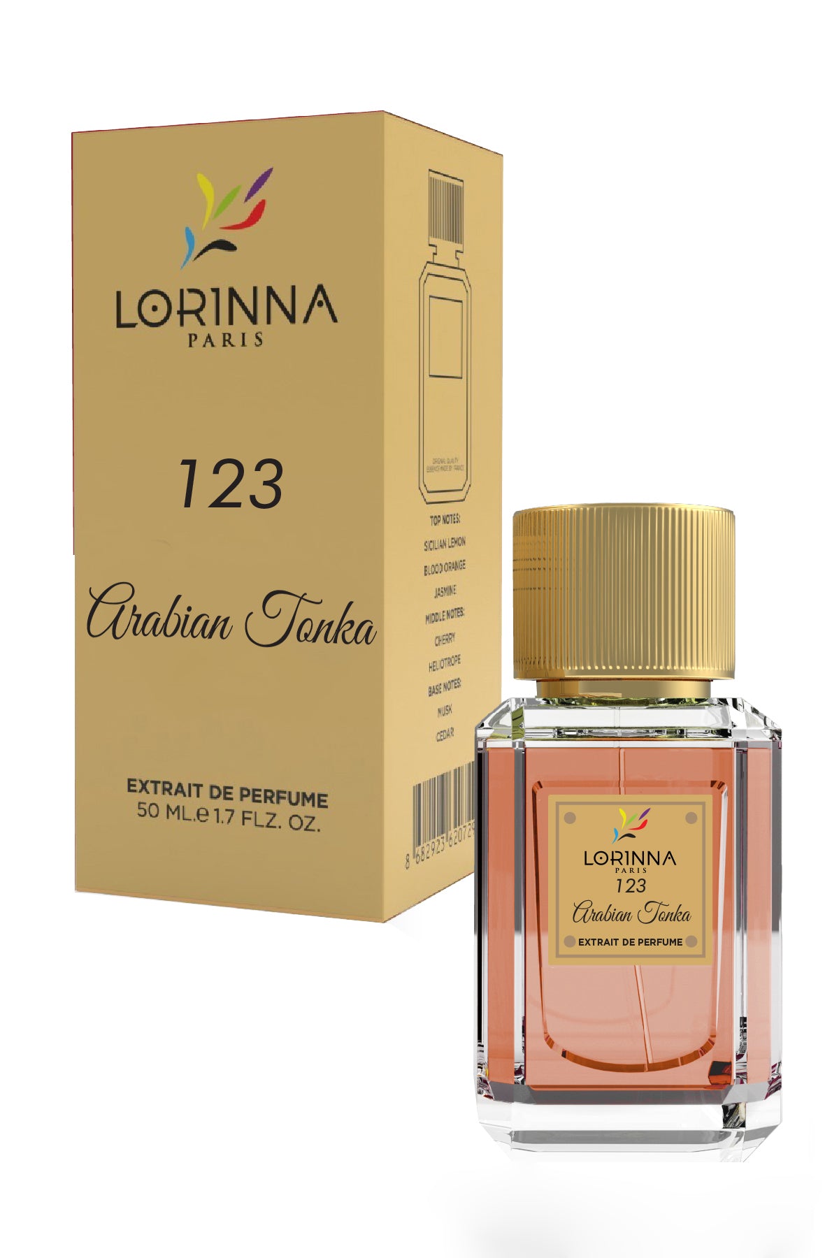 Frasco y embalaje del «Extrait de Parfum» «Lorinna 123 Arabian Tonka»