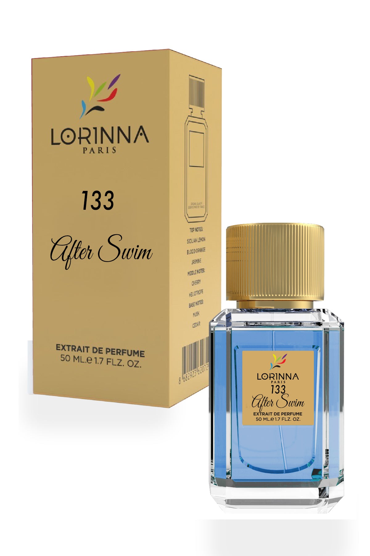 Frasco de 50 ml y embalaje de «Lorinna After Swim n.º 133 Extrait de Parfum»