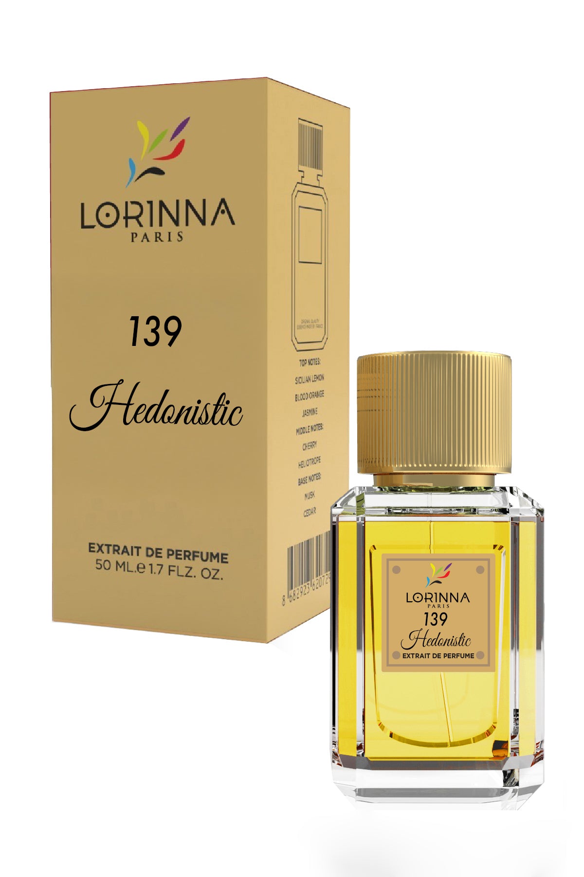 LORINNA Paris nr 139 „Hedonistic“ Extrait de Parfum 50 ml pudel ja pakend on esitatud koos elegantse kuldse karbi ja luksusliku klaasist parfüümipudeliga.