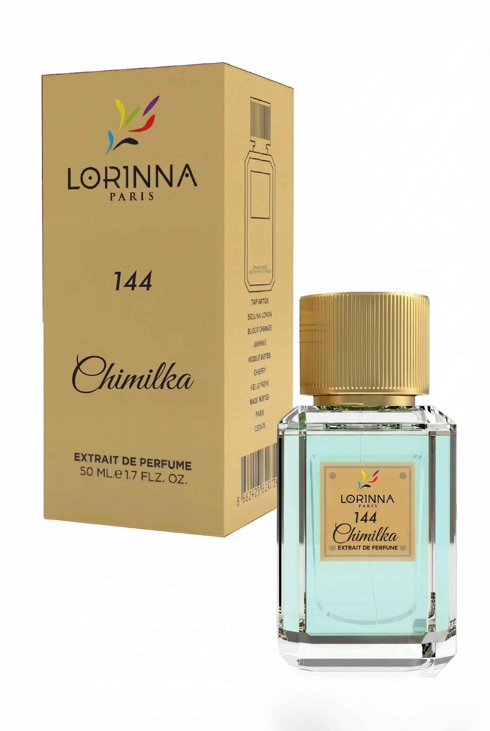 LORINNA Paris nr 144 Chimilka Extrait de Parfum 50 ml pudel ja pakend on kujutatud valgel taustal; tootel on helesinine lõhn ja kuldsed detailid.