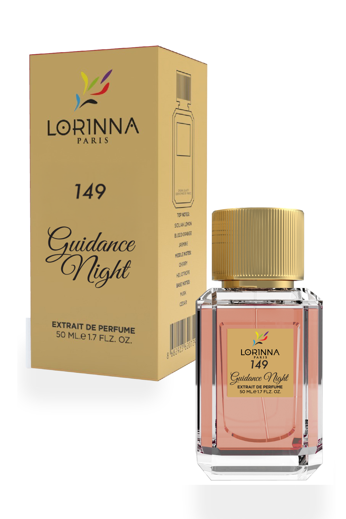 LORINNA Paris nr 149 „Guidance Night“ Extrait de Parfum 50 ml pudel ja pakend, mis sisaldab luksuslikku roosat tooni parfüümi kristallklaasist pudelis kuldse korgiga ning elegantse kuldse karbiga.