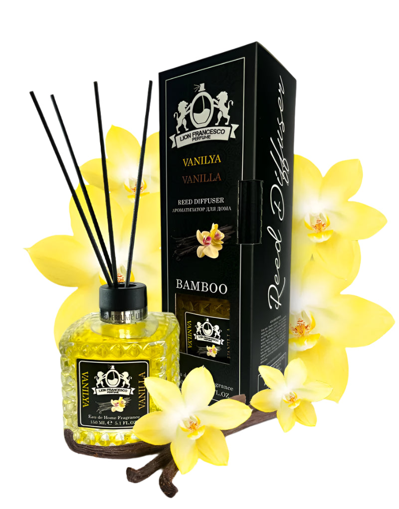Lion Francesco Vanilla reed diffuser 150 ml bottle with rattan sticks and black gift box