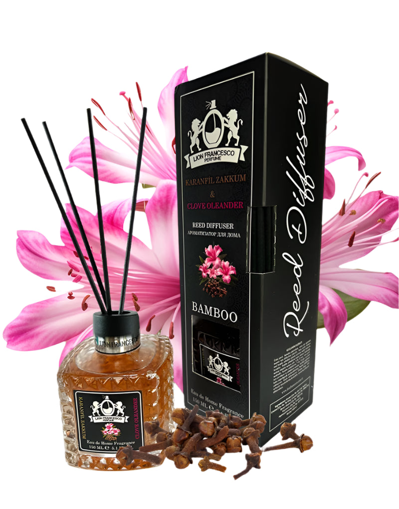 Lion Francesco Clove Oleander reed diffuser 150 ml bottle with rattan sticks and black gift box