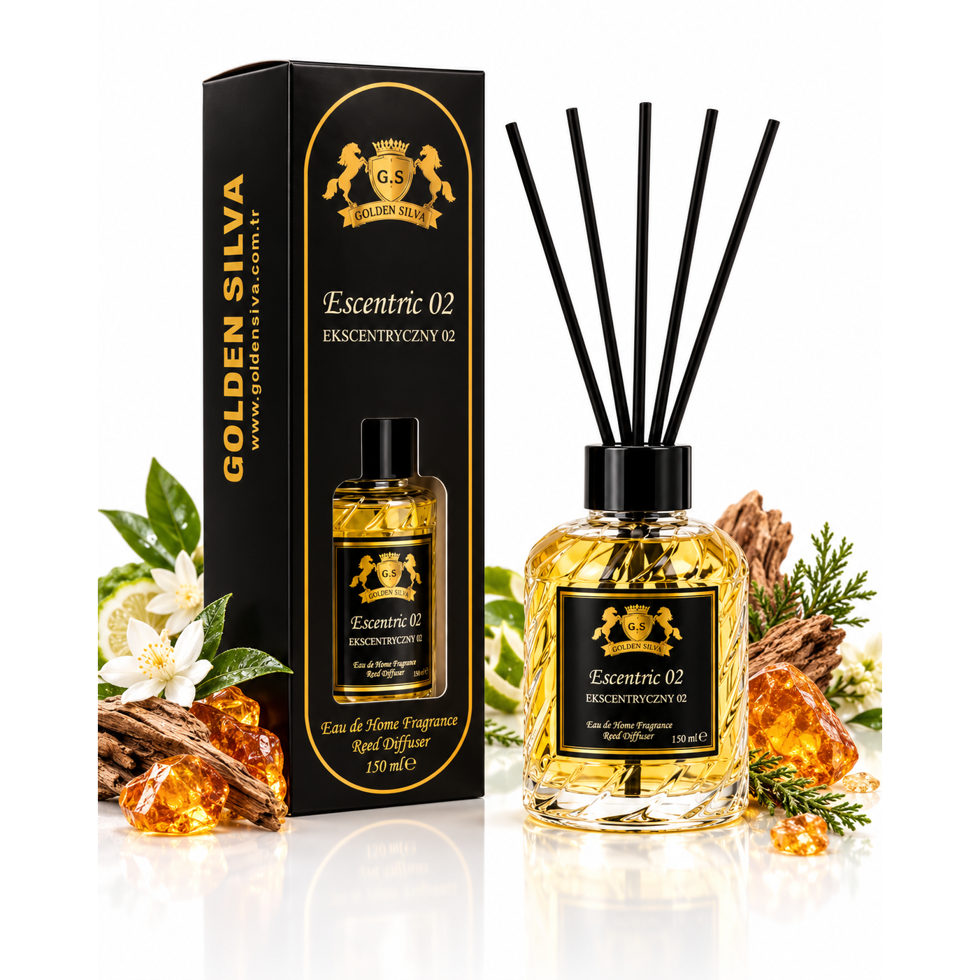 Golden Silva Escentric 02 home fragrance reed diffuser 150 ml with retail packaging - Royalsperfume