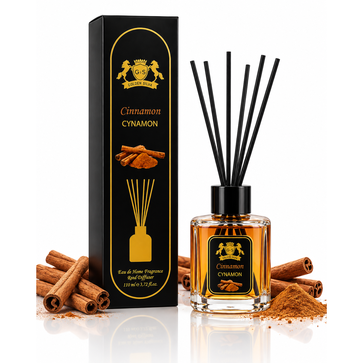 Golden Silva Cinnamon home fragrance reed diffuser 110 ml with retail packaging - Royalsperfume