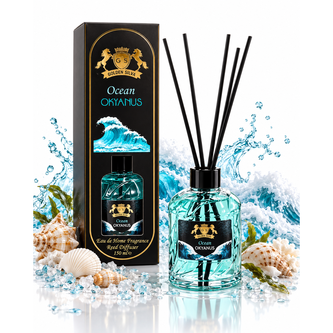 Golden Silva Ocean home fragrance reed diffuser 150 ml with retail packaging - Royalsperfume