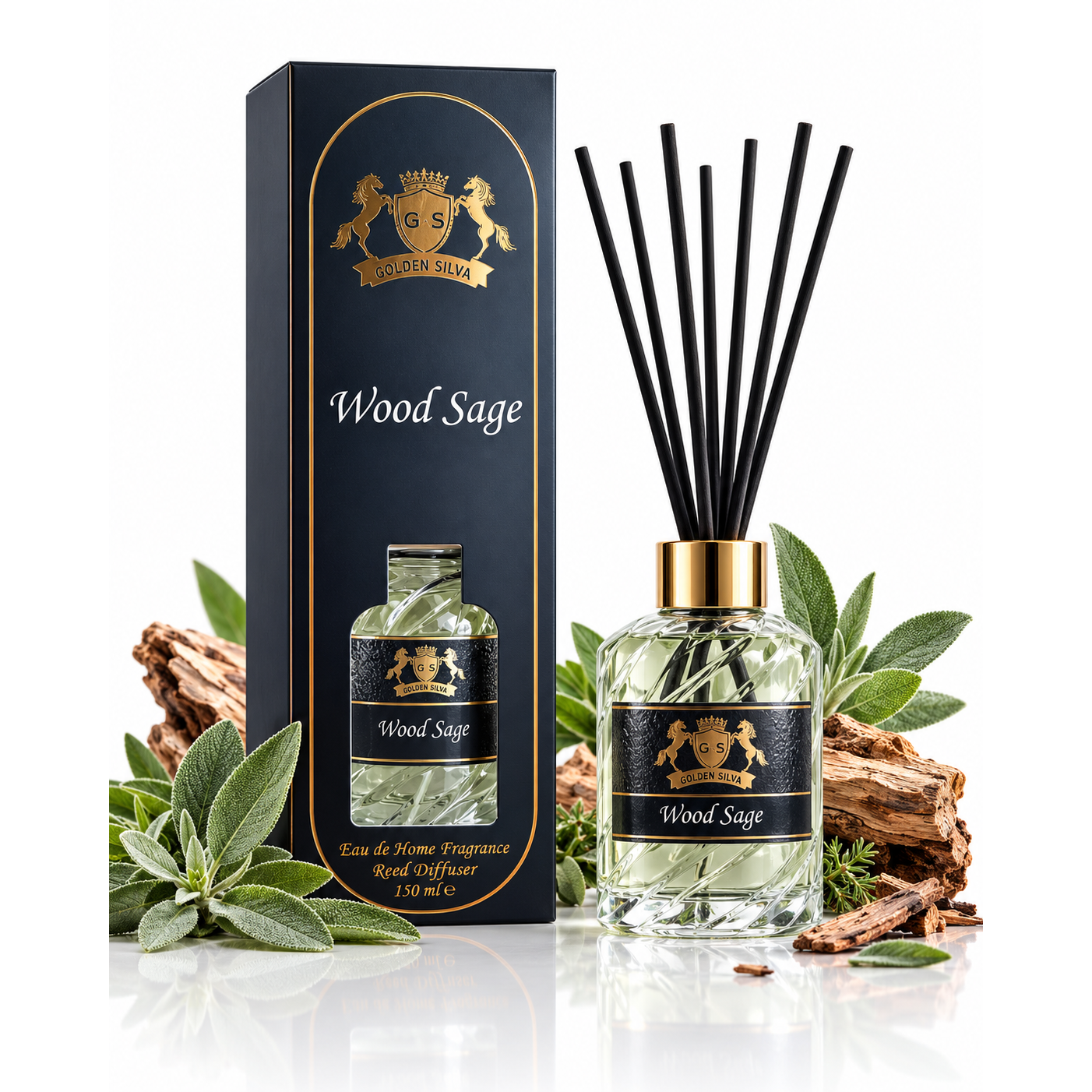 Golden Silva Wood Sage home fragrance reed diffuser 150 ml with retail packaging - Royalsperfume