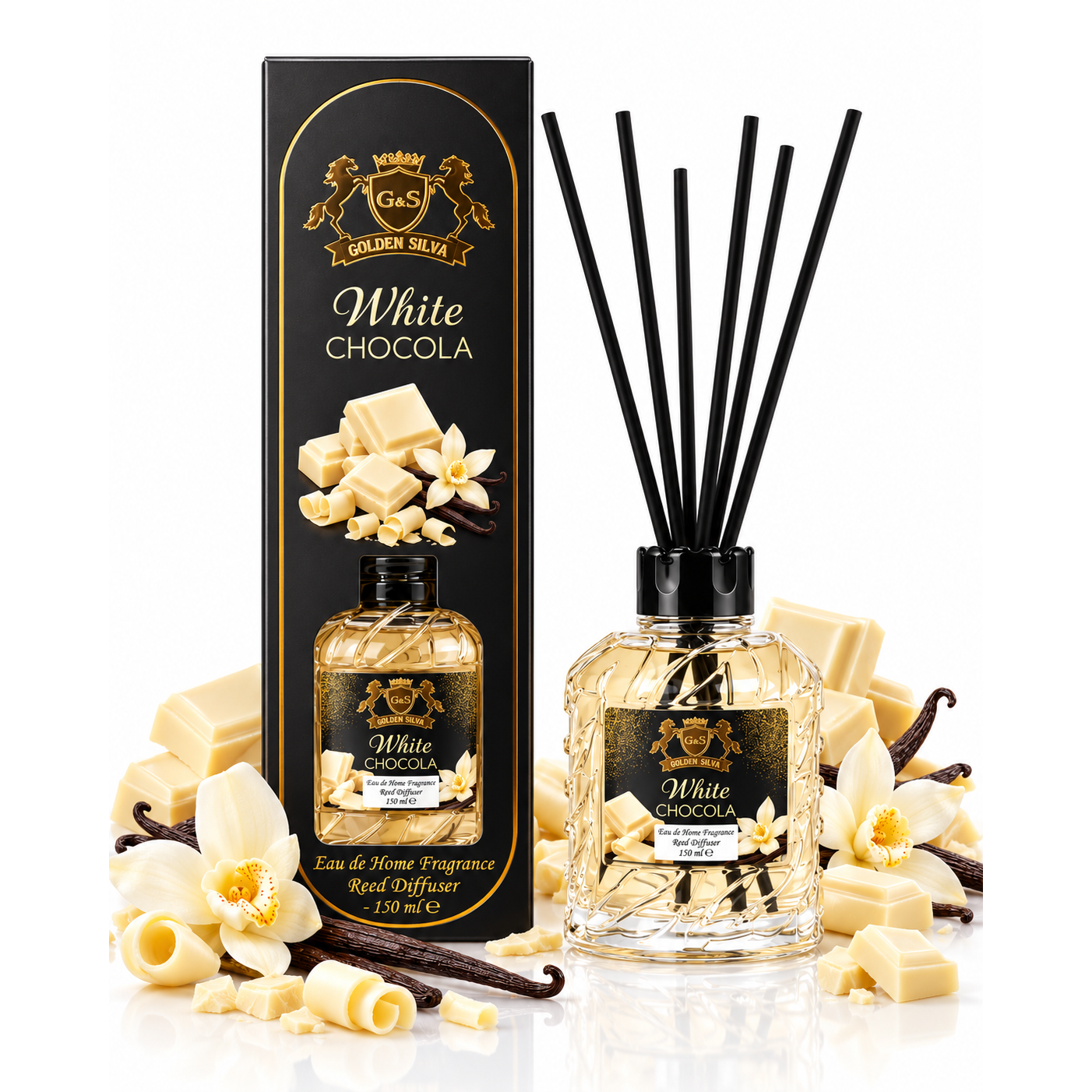Golden Silva White Chocolate home fragrance reed diffuser 150 ml with retail packaging - Royalsperfume