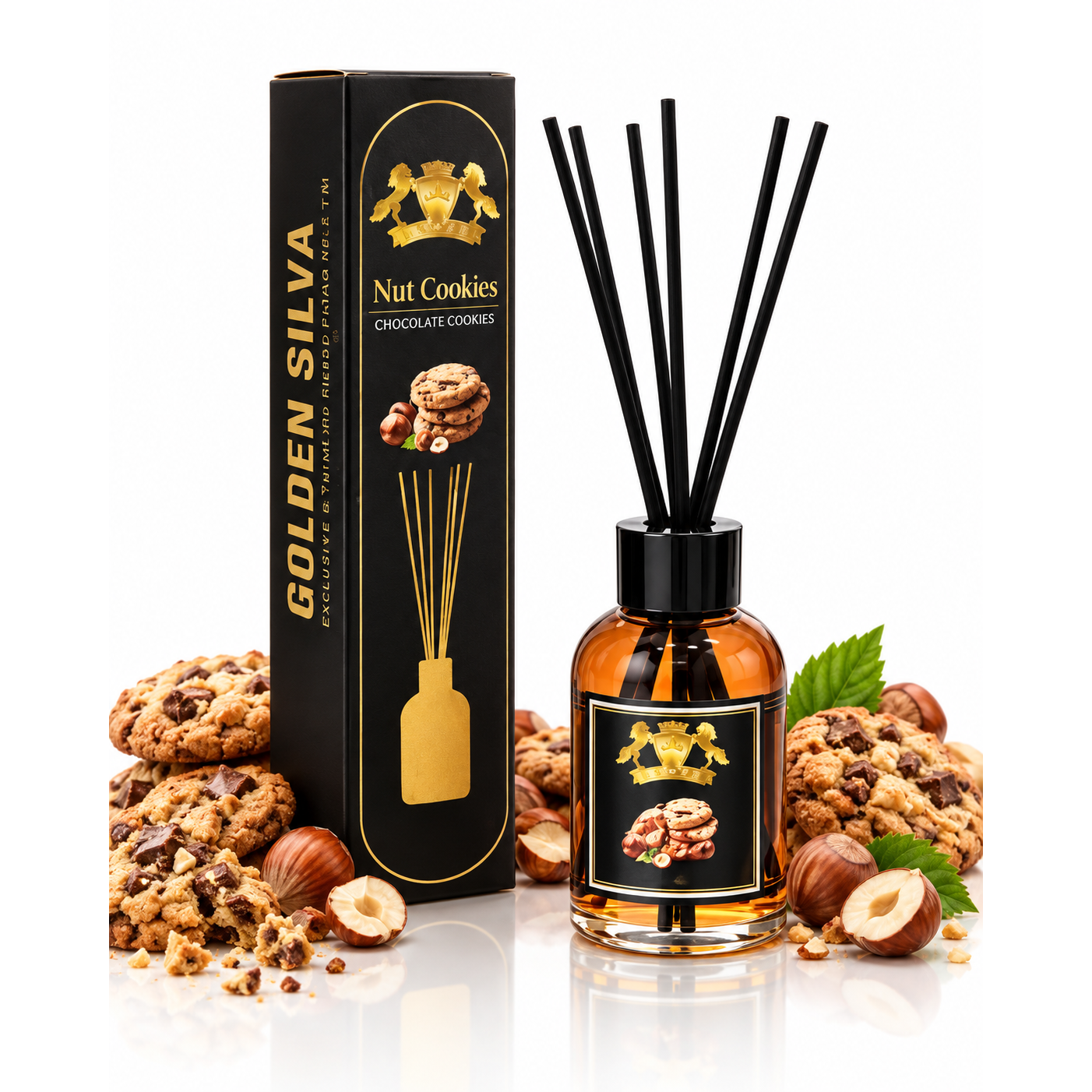 Golden Silva Nut Cookie home fragrance reed diffuser 110 ml with retail packaging - Royalsperfume