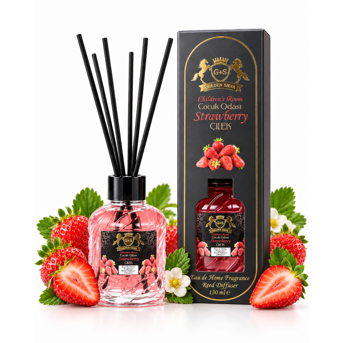 Golden Silva Strawberry home fragrance reed diffuser 150 ml with retail packaging - Royalsperfume