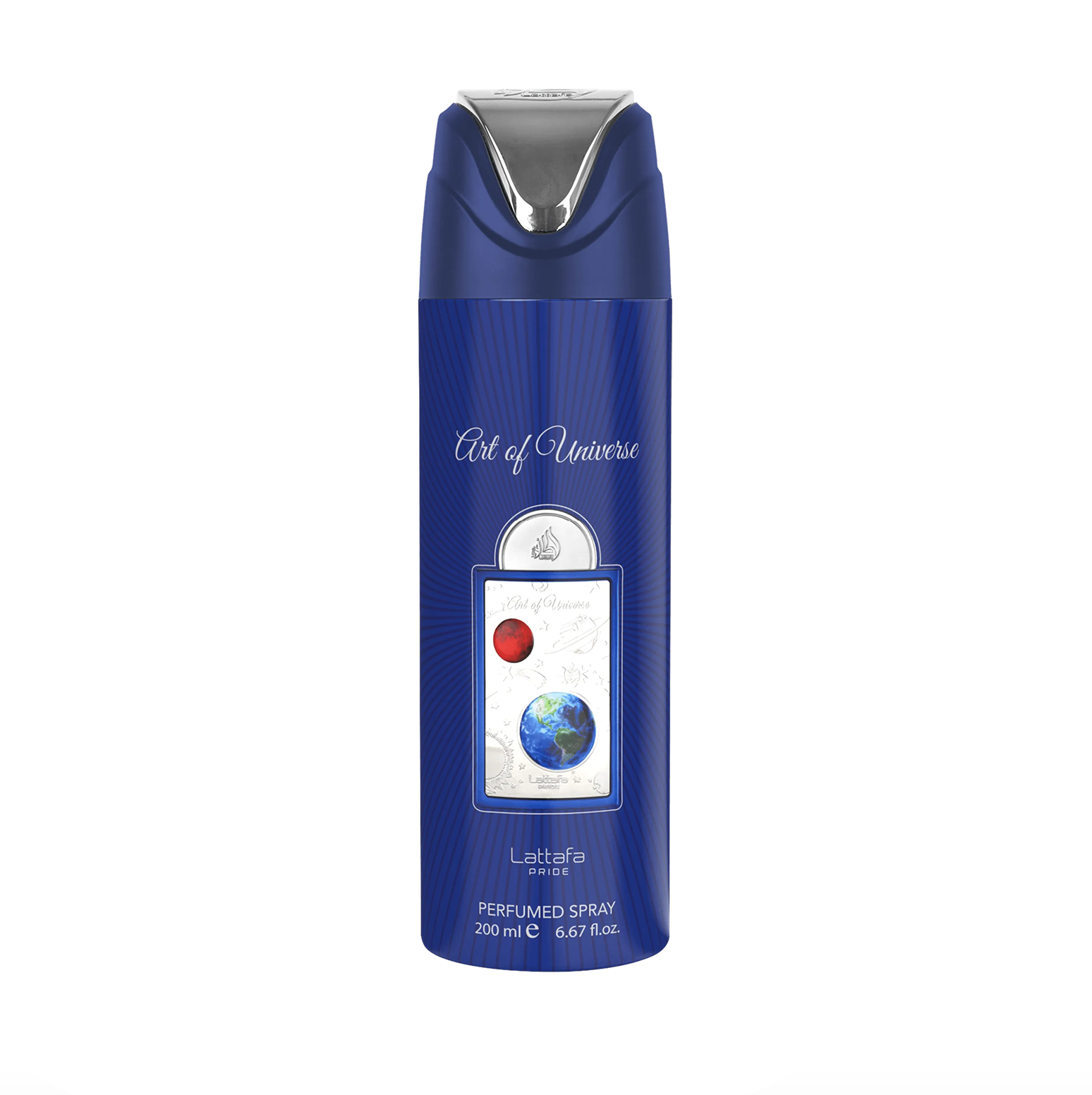 Toote foto Lattafa Pride Art of Universe deodorandi sinine pudel (200ml), rõhutades selle elegantset disaini ja kõrgekvaliteedilist, elegantset brändi. Lattafa Pride kollektsioon puhtal, valgel taustal.