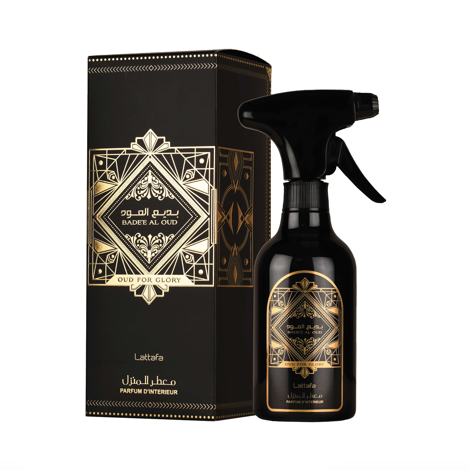 Professionaalne tootefoto Lattafa Badee Al Oud 450ml toaspreipudel, mis on esitatud originaalse elegantse pakendi kõrval, rõhutades parfüümikollektsiooni kõrgekvaliteedilist ja rafineeritud disaini.
