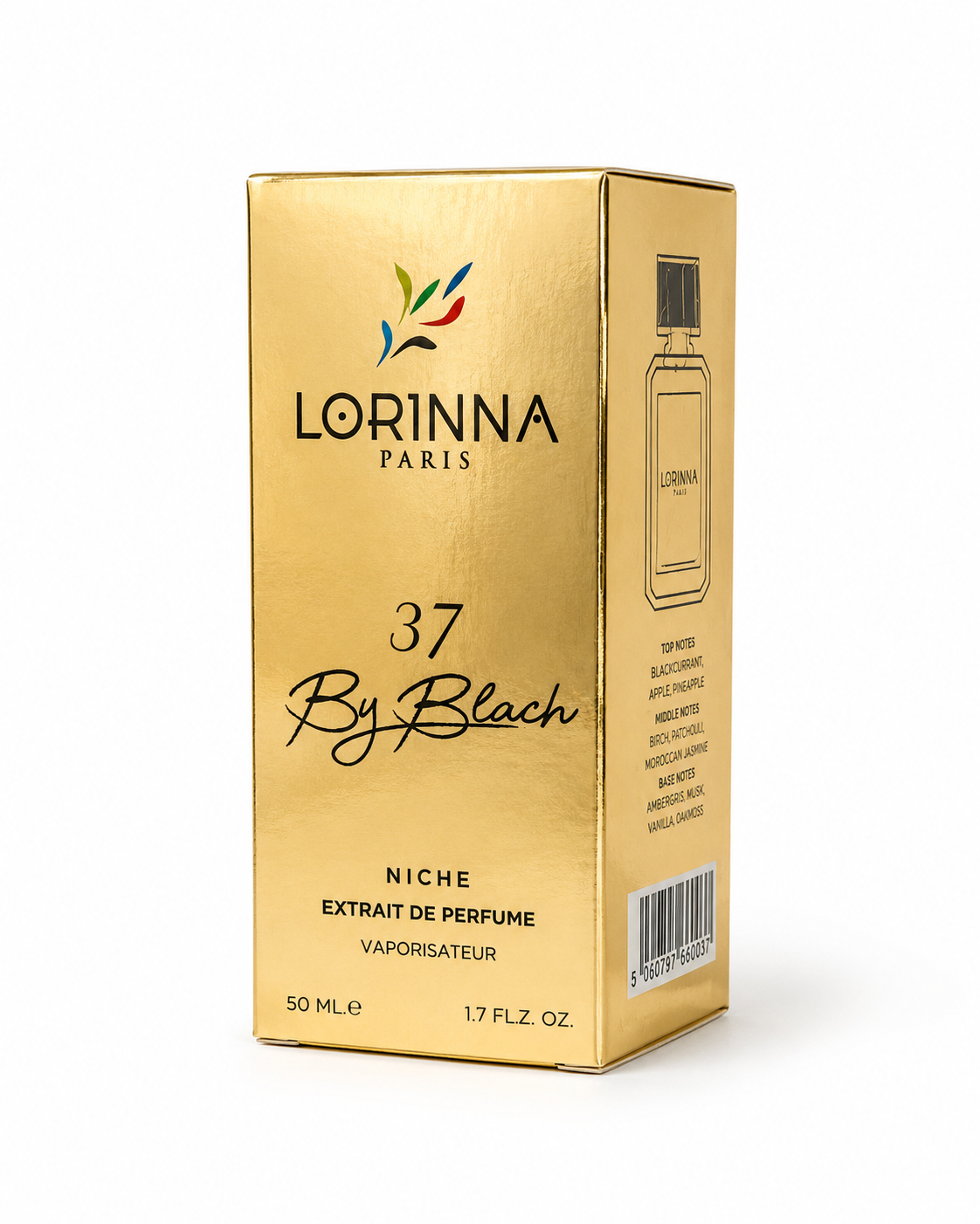 A gold-colored rectangular box for Lorinna Paris 37 By Blach Niche Extrait de Parfum, 50 ml (1.7 fl.