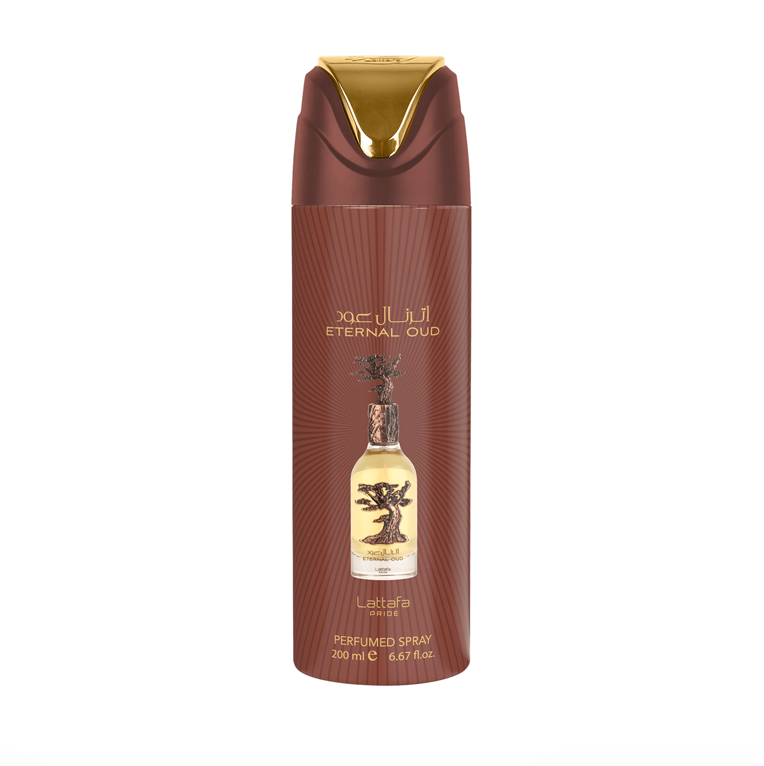 Professionaalne tootefoto Lattafa Pride Eternal Oud deodorandi pudel (200ml), rõhutades selle elegantset disaini ja premium-brändi Lattafa Pride kogumise vastu puhas, modern taust.