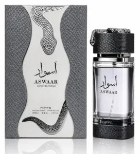 Riiffs Aswaar Extrait de Parfum 100ml bottle with matching silver and black packaging featuring a snake design, displayed on a white background.
