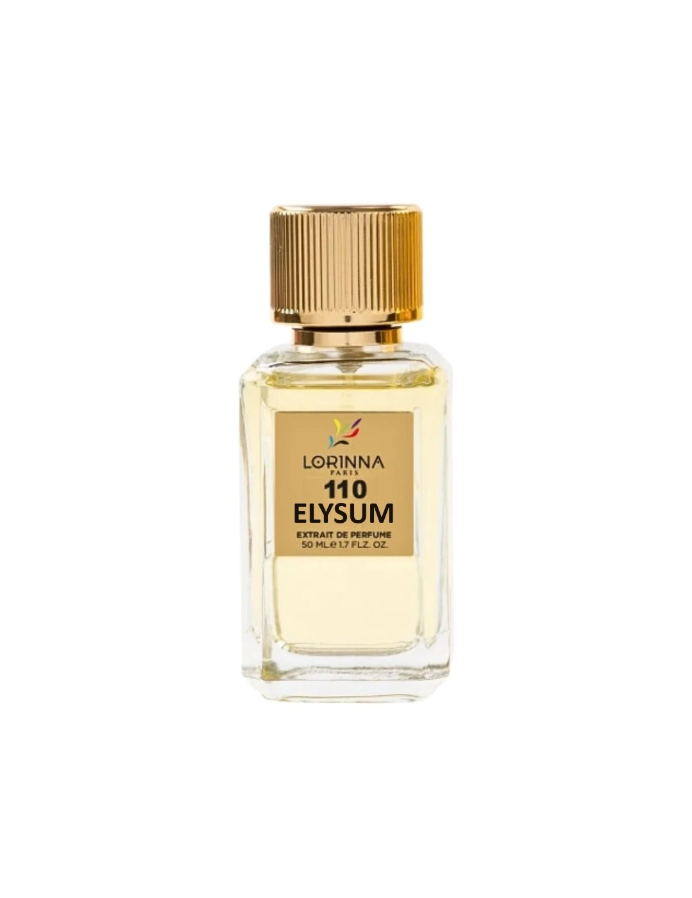 Lorinna 110 Elysum Extrait de Parfum 50ml bottle featuring a sophisticated masculine fragrance with citrus, aromatic and amber-leather accords.