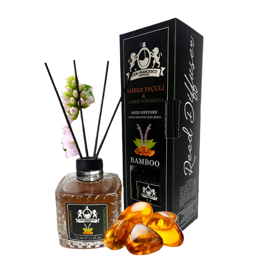 Lion Francesco Amber & Patchouli reed diffuser 150 ml bottle with rattan sticks and black gift box