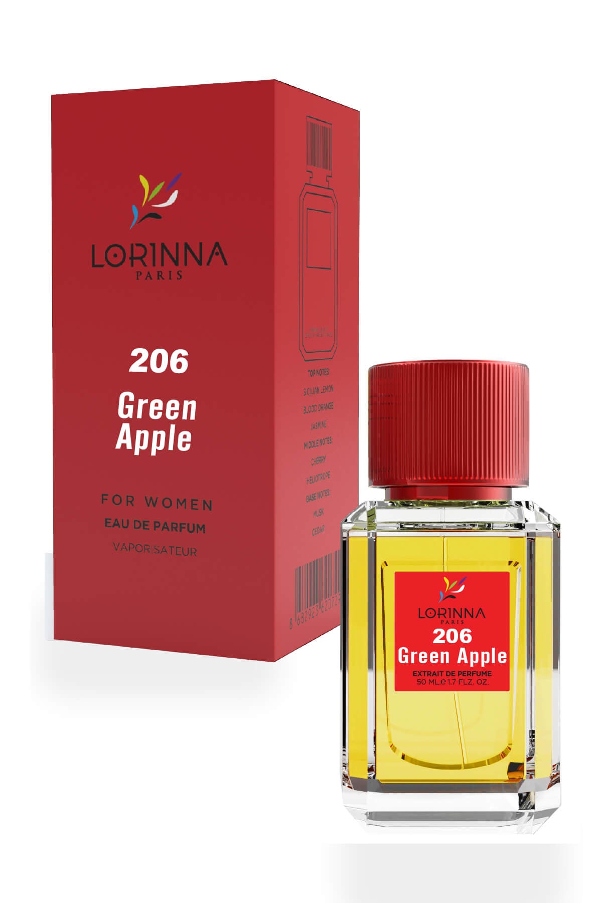 Lorinna Paris No.206 Green Apple Eau de Parfum for Women 50ml bottle displayed next to its red packaging box.