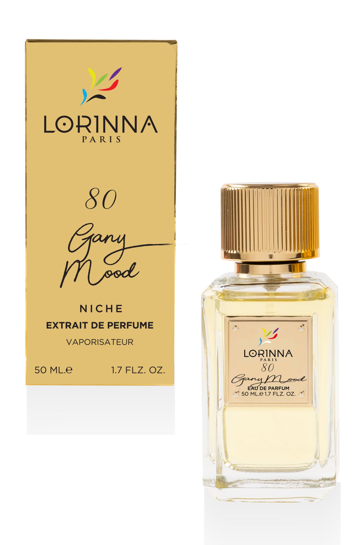 Lorinna Gany Mood Extrait de Parfum, flacone da 50 ml e confezione che caratterizzano una sofisticata fragranza unisex con accordi di mandarino, violetta e note che ricordano la pelle scamosciata.