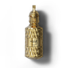 A detailed studio shot of the Le Falconé Muharib Alpha 85ml golden bottle, highlighting the intricate metallic texture and the unique, sculptural Spartan helmet cap that defines this luxurious men's fragrance.