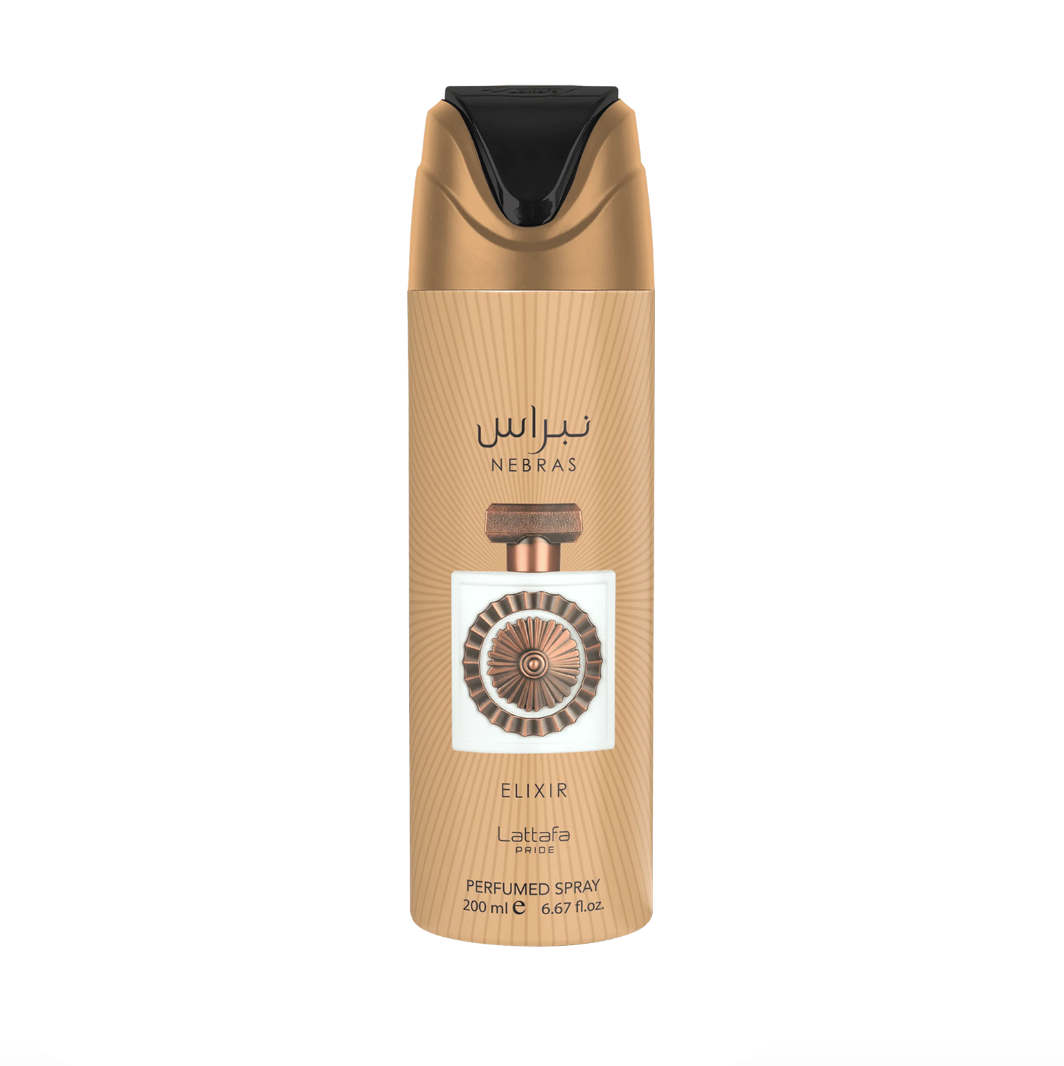 Professionaalne tootefoto Lattafa Pride Nebras Elixir deodorandi pudel (200ml), rõhutades selle elegantset disaini ja esmaklassilist, elegantset brändi. Lattafa Pride kogumise vastu puhas, modern taust.