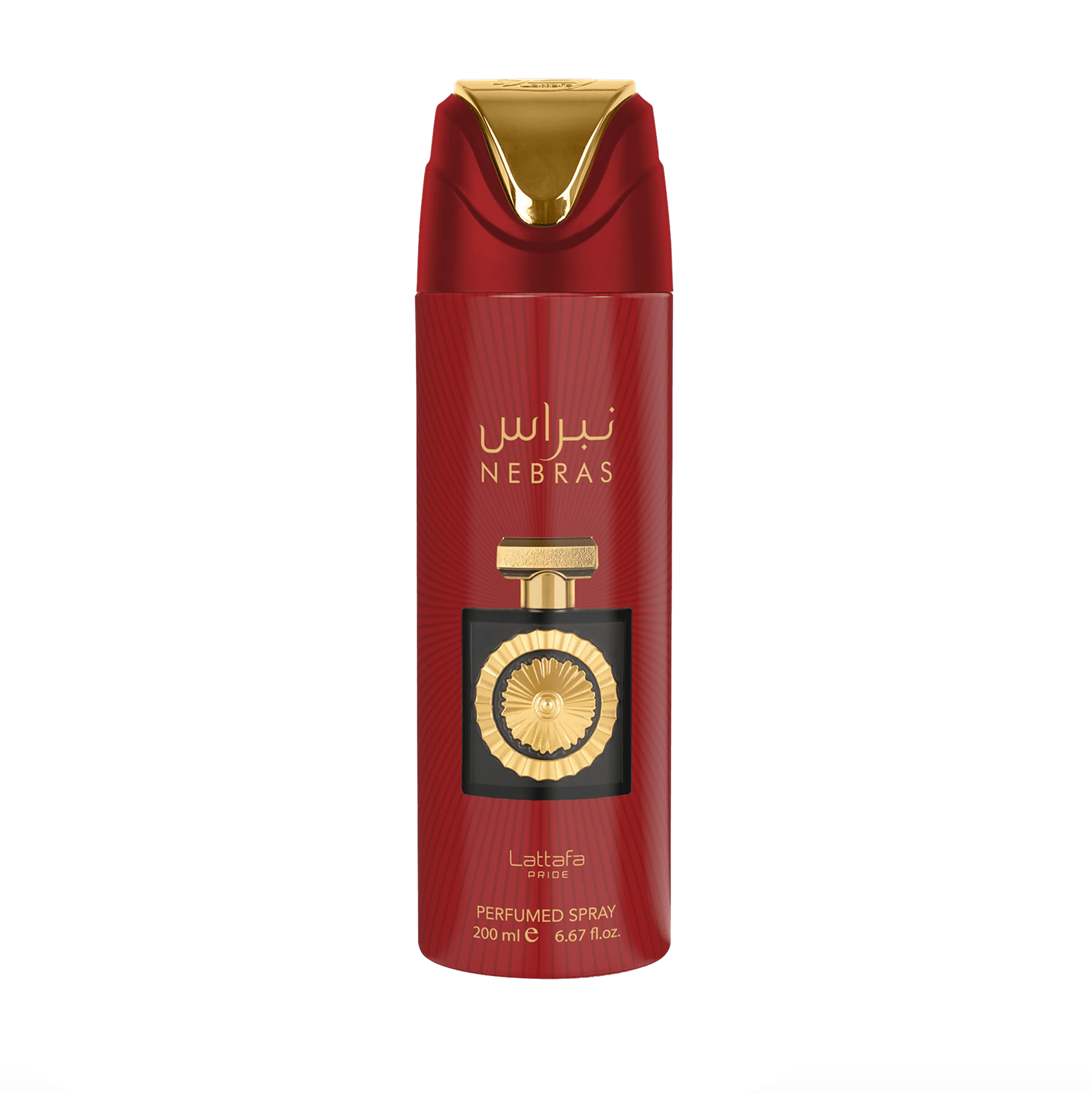 A professional product photograph of the Lattafa Pride Nebras body spray bottle (200ml), highlighting its elegant design and the premium aesthetic of the Lattafa Pride collection against a clean, modern background.