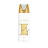 A close-up, high-quality product image of the Lattafa Peace and Love deodorant bottle, showcasing the bottle’s aesthetic design against a soft-focus, ethereal background to highlight its romantic and delicate nature.