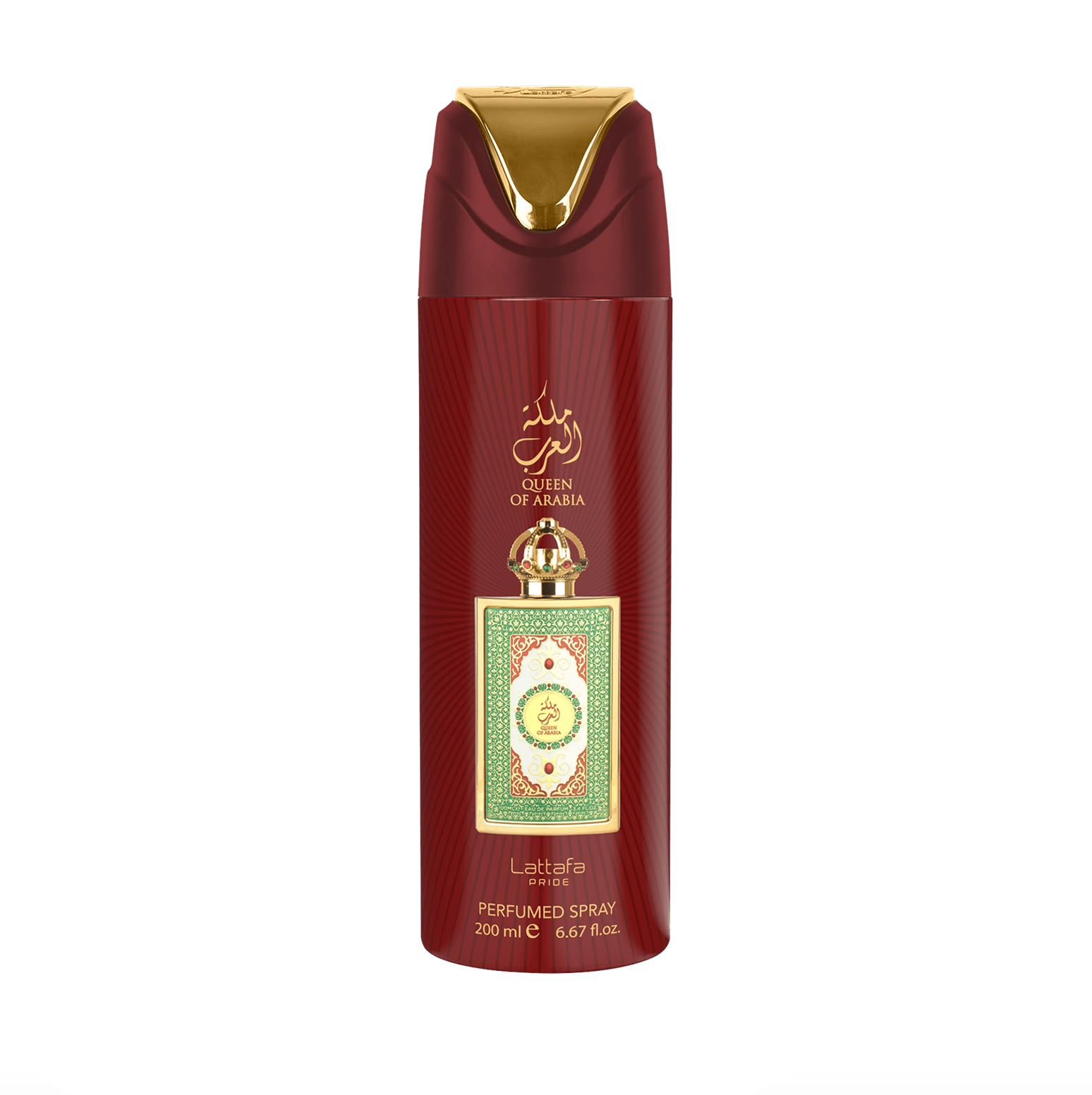 Professionaalne tootefoto Lattafa Pride Queen of Arabia deodorantpudel (200ml), rõhutades selle elegantset disaini ja kõrgekvaliteedilist, elegantset brändi. Lattafa Pride kogumise vastu puhas, modern taust.