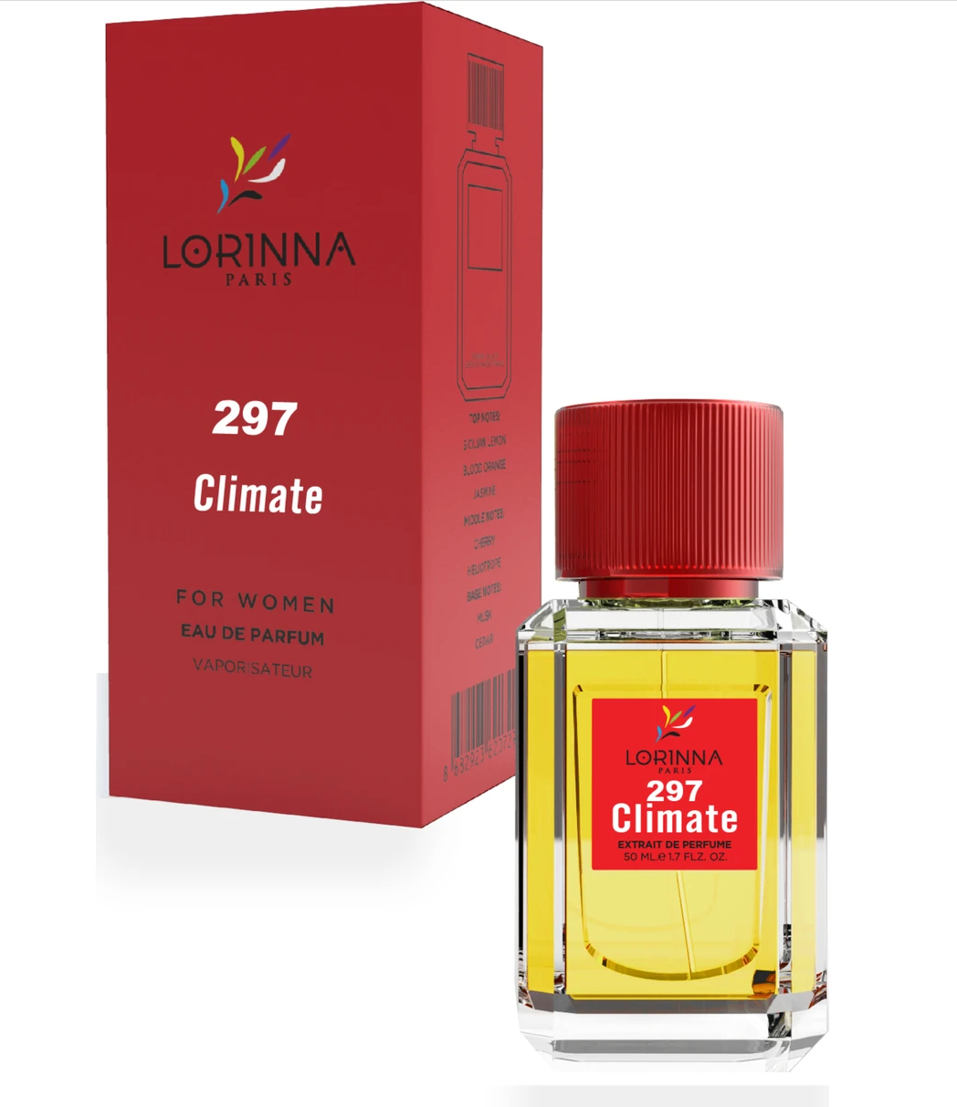 LORINNA Paris Climate nr 297 Extrait de Parfum naistele, 50 ml pudel ja punane pakend; klassikaline lilleline-puidune lõhn, mis on inspireeritud ajatu prantsuse parfümeeriast.