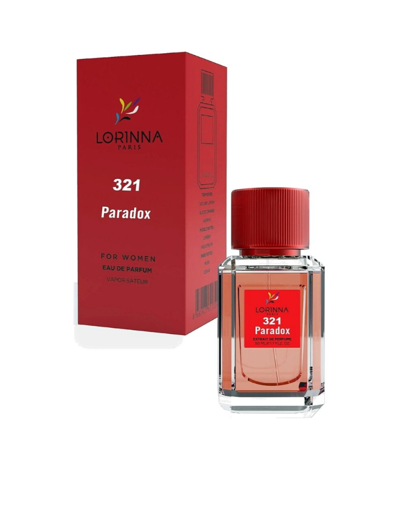 LORINNA Paris nr 321 Paradox naistele mõeldud parfüüm (Eau de Parfum) 50 ml pudel punase korgiga, mis on esitatud oma elegantses punases pakendikarbis.