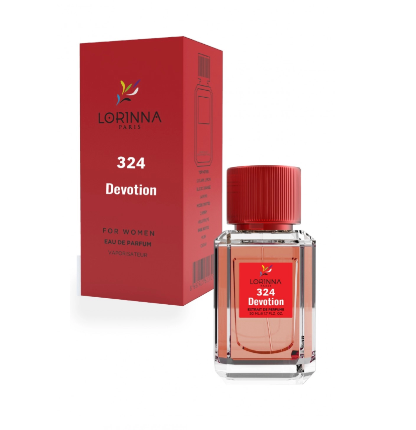 Lorinna Paris Devotion No.324 Extrait de Parfum for Women 50ml bottle and red packaging, featuring a luxurious gourmand floral fragrance with vanilla and citrus accords.