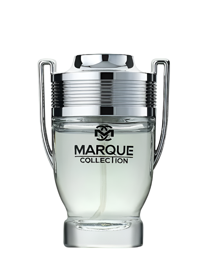 Marque Collection N-125 — trophy-shaped clear bottle with silver side handles and ribbed silver cap