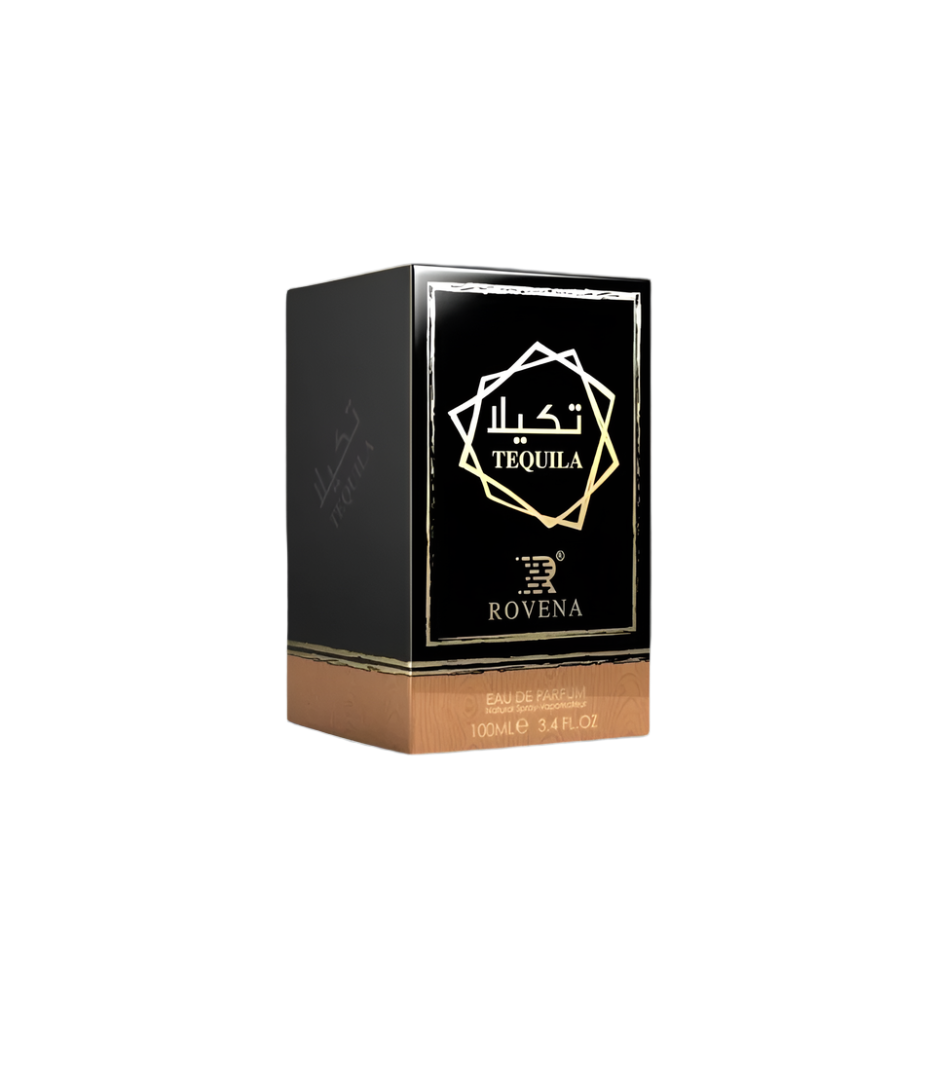 Rovena Tequila perfumed water for men 100ml — black box with gold geometric emblem and Arabic and Latin text
