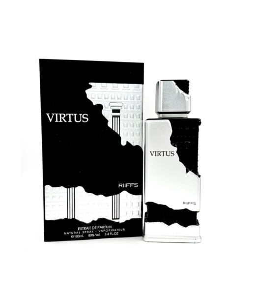 Riiffs Virtus Extrait de Parfum 100ml bottle with matching black and silver packaging, displayed on a white background.