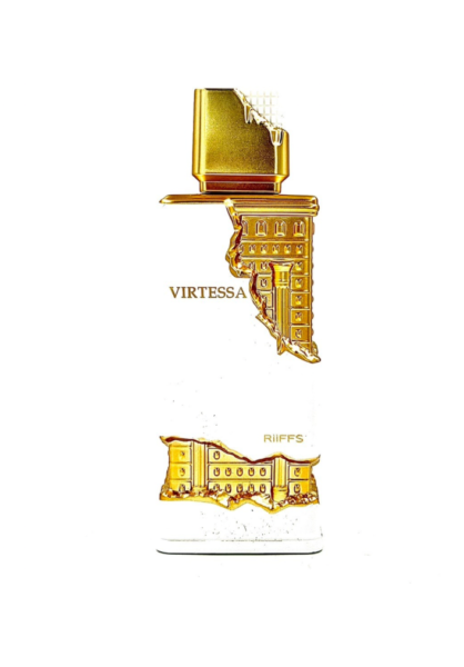 Riiffs Virttessa Extrait de Parfum 100ml bottle with a white and gold designer-style finish, displayed on a white background.