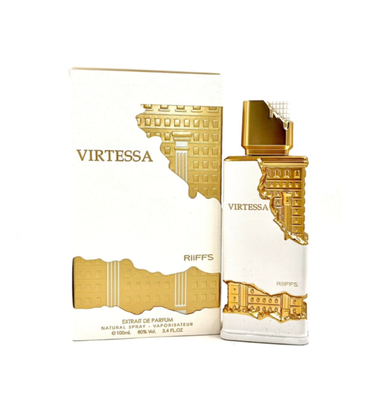 Riiffs Virttessa Extrait de Parfum 100ml bottle with matching white and gold packaging, displayed on a white background.