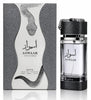 Riiffs Aswaar Extrait de Parfum, 100-ml-Flasche mit passender silber-schwarzer Verpackung mit Schlangenmotiv auf weißem Hintergrund.