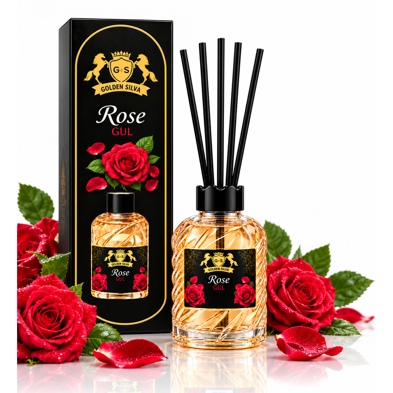 Golden Silva Rose home fragrance reed diffuser 150 ml with retail packaging - Royalsperfume
