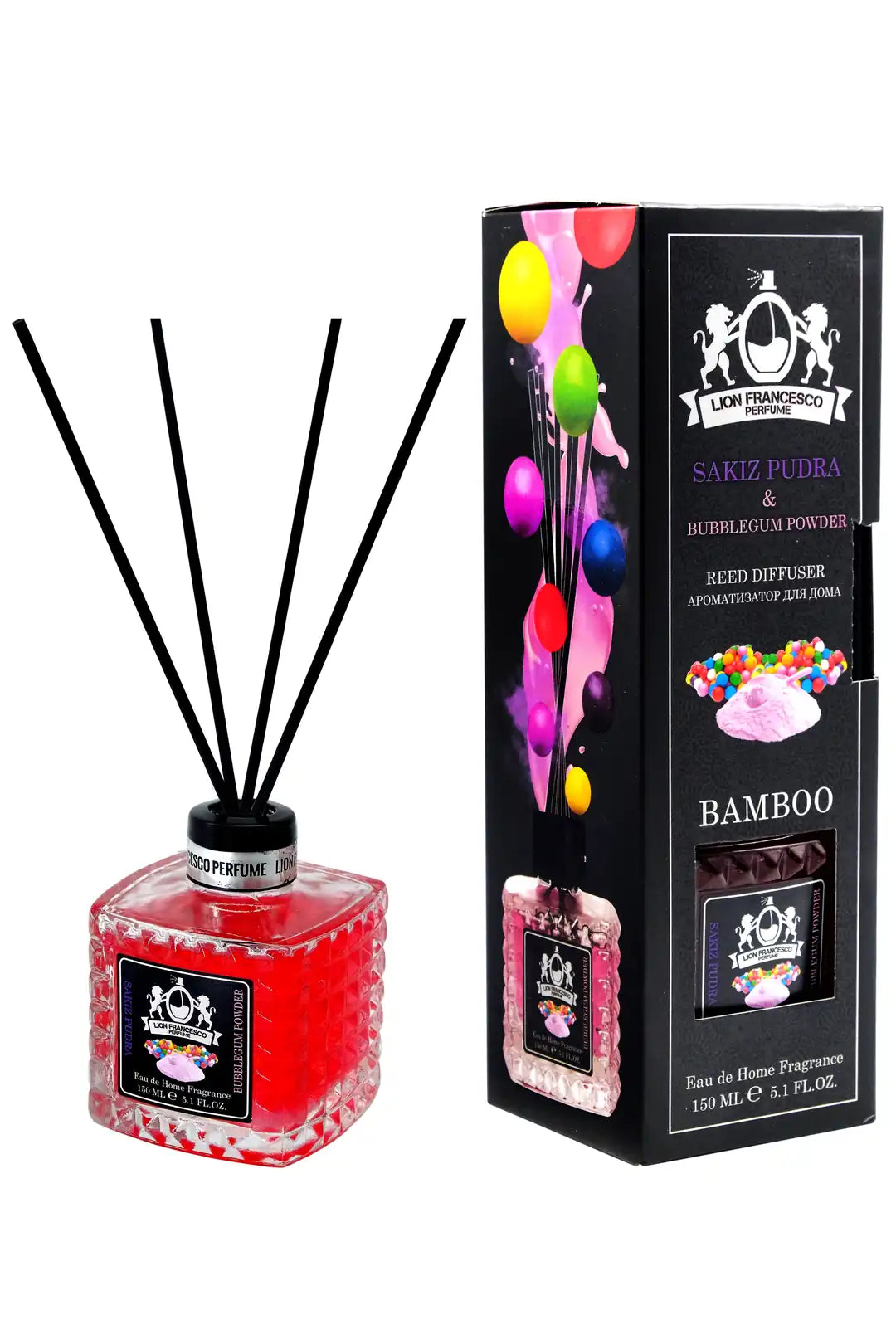 Lion Francesco Bubblegum & Powder reed diffuser 150 ml bottle with rattan sticks and black gift box