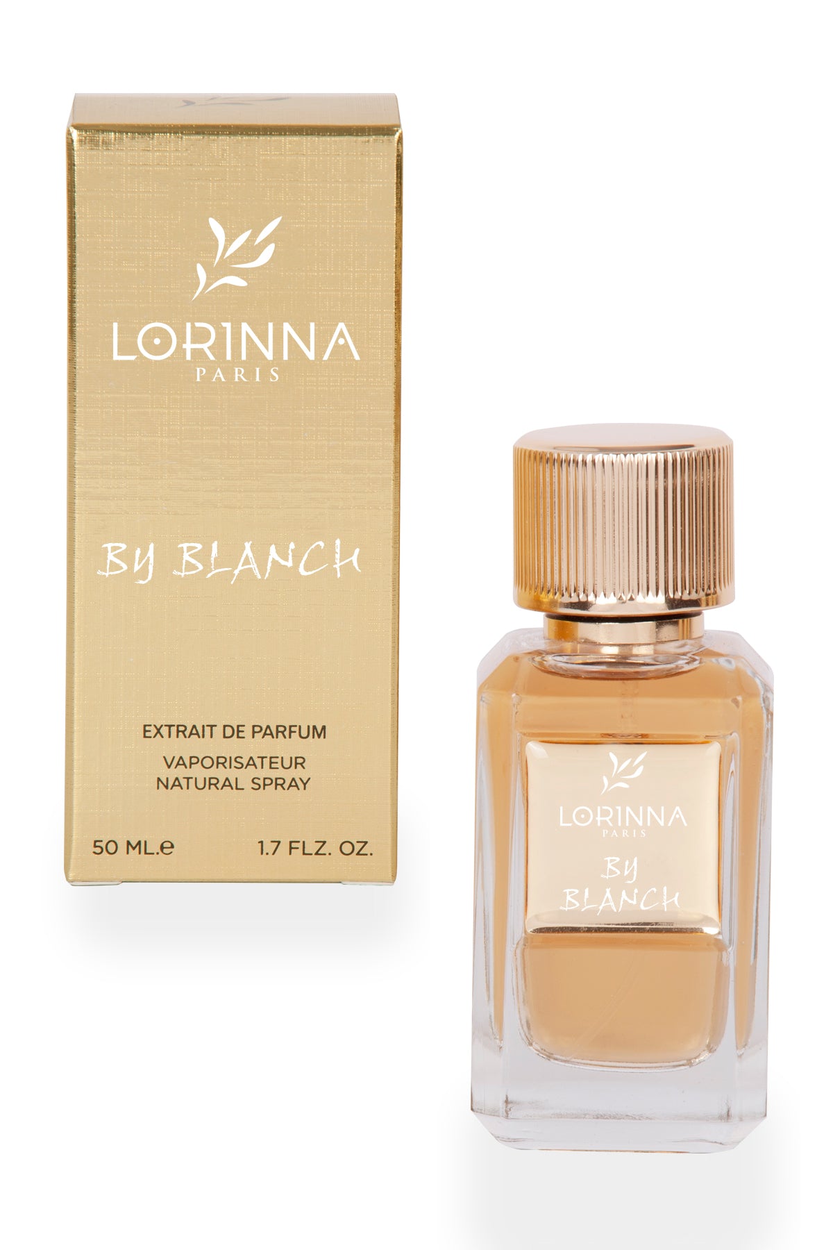 Lorinna By Blanch Extrait de Parfum 50ml bottle with matching gold packaging on a white background
