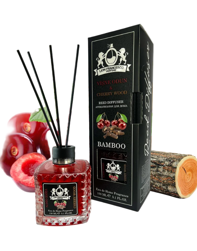 Lion Francesco Cherry & Wood reed diffuser 150 ml bottle with rattan sticks and black gift box