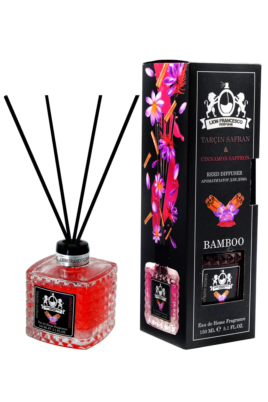 Lion Francesco Cinnamon & Saffron reed diffuser 150 ml bottle with rattan sticks and black gift box