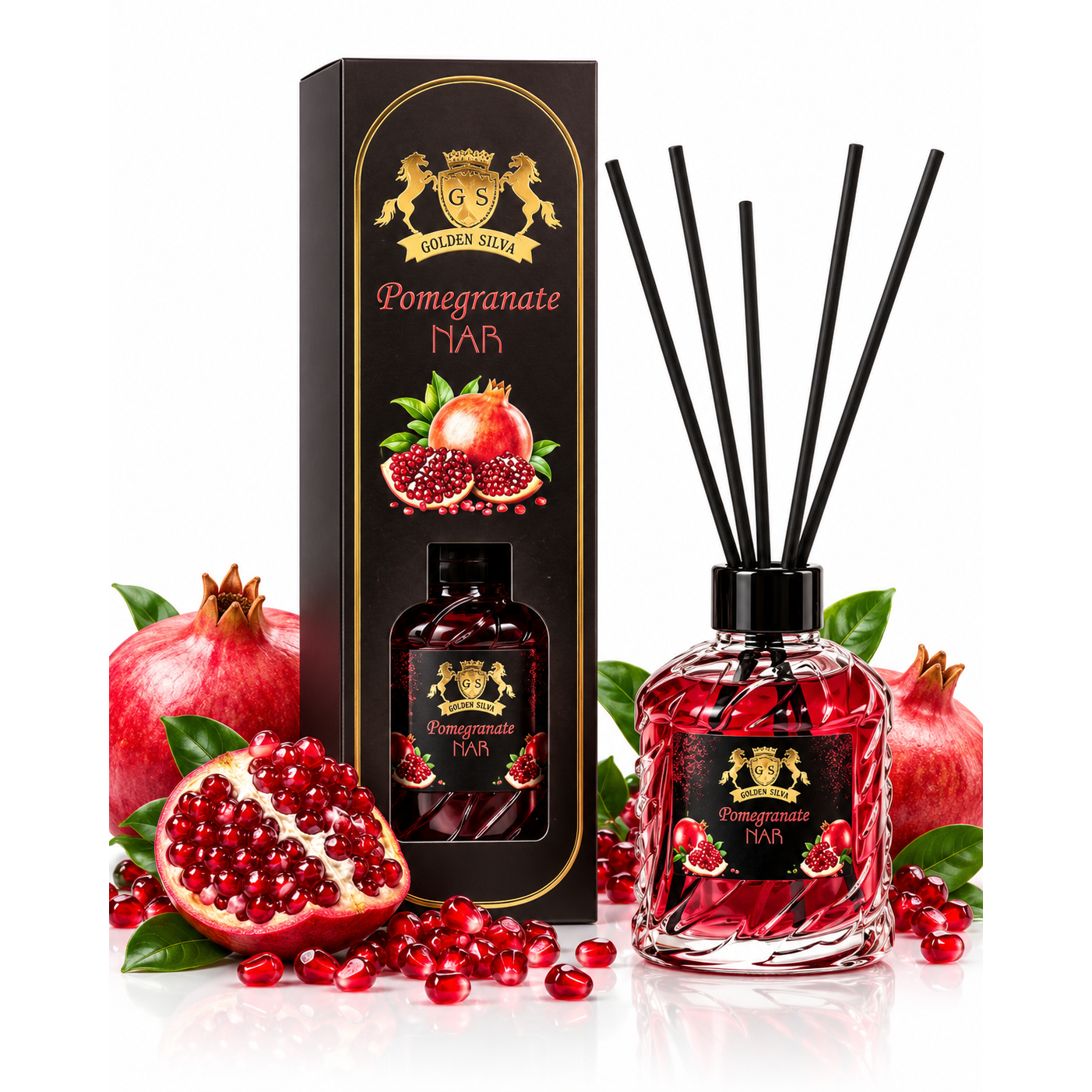 Golden Silva Pomegranate home fragrance reed diffuser 150 ml with retail packaging - Royalsperfume