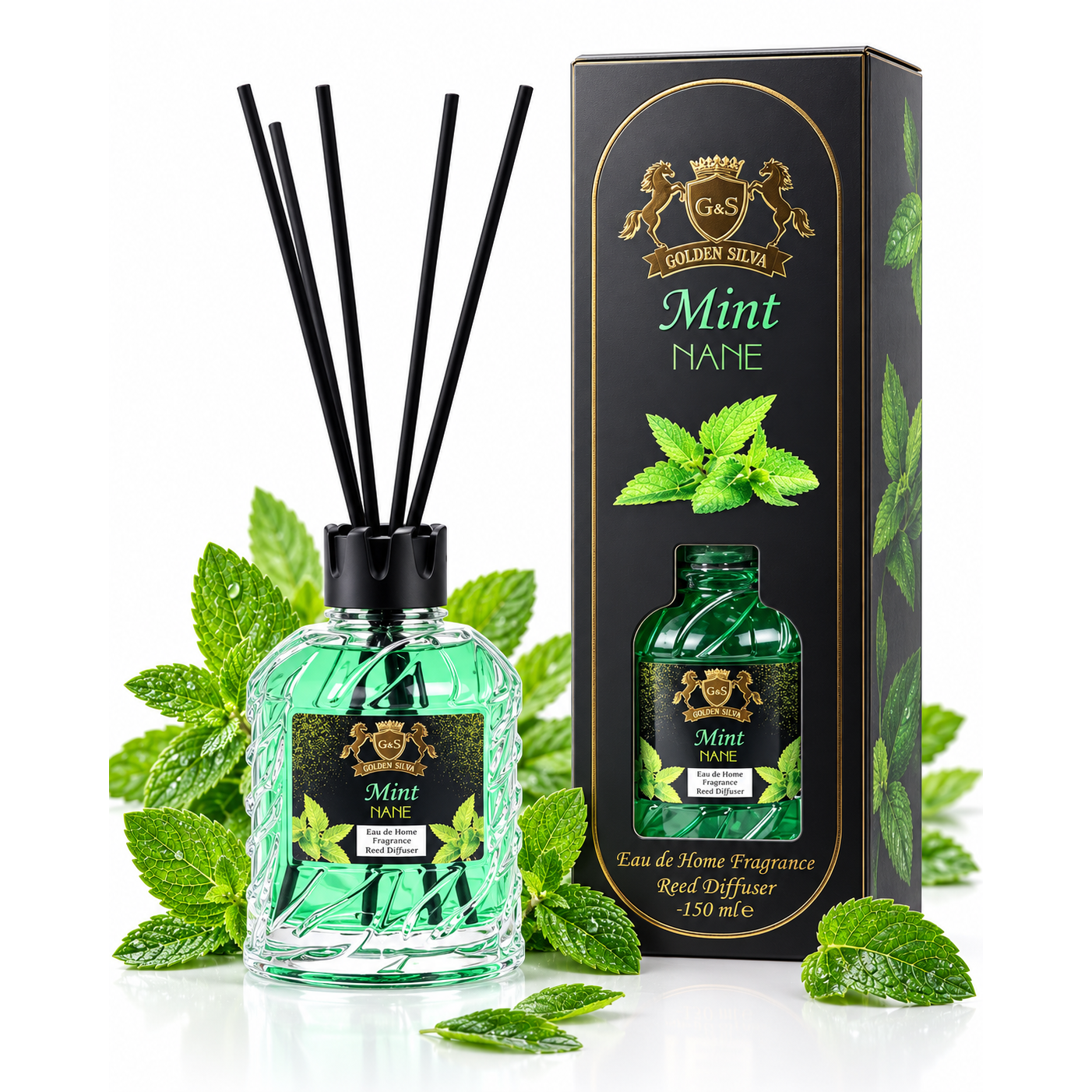 Golden Silva Mint home fragrance reed diffuser 150 ml with retail packaging - Royalsperfume