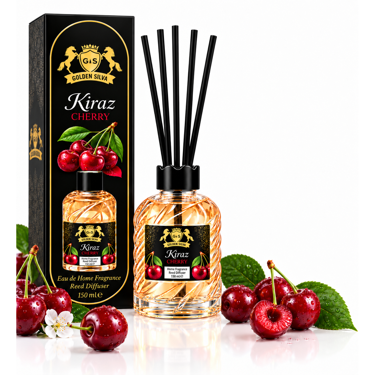Golden Silva Cherry home fragrance reed diffuser 150 ml with retail packaging - Royalsperfume